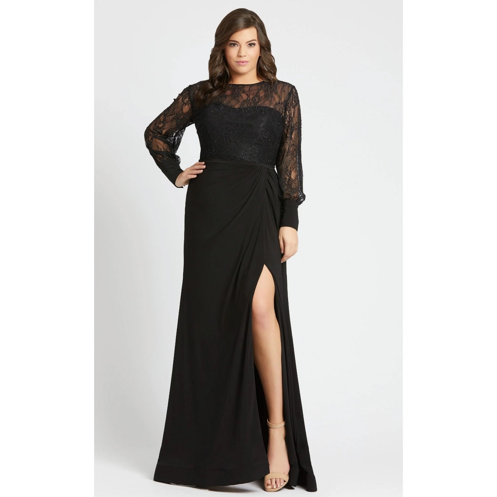 Mac Duggal Black Lace Long Sleeve A-Line Slit Formal Dress Plus Size 24w